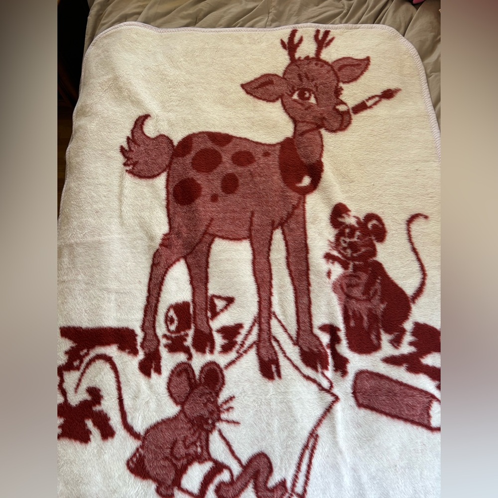 Vintage baby mink blanket featuring a plush deer and mice painting